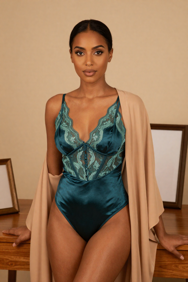Black-haired muse in deep teal satin and mint lace seated at the new leaf desk